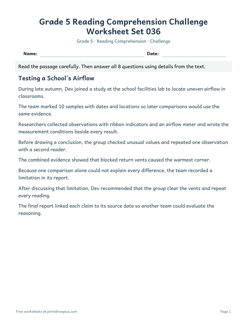 Preview of Grade 5 Reading Comprehension Challenge Worksheet Set 036