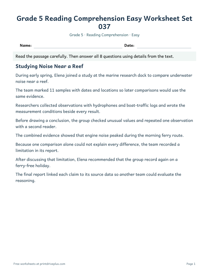 Preview of Grade 5 Reading Comprehension Easy Worksheet Set 037