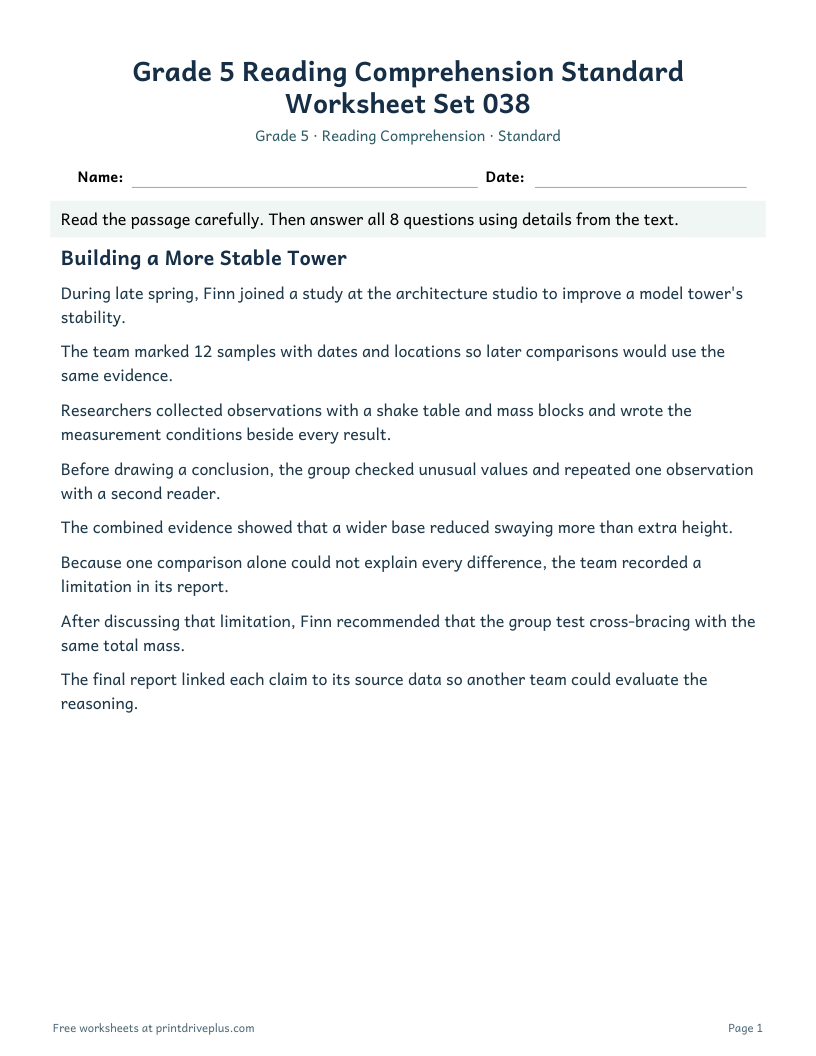 Preview of Grade 5 Reading Comprehension Standard Worksheet Set 038