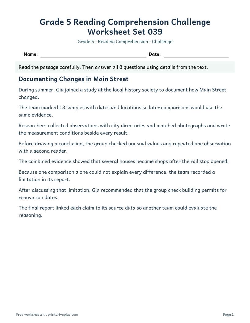 Preview of Grade 5 Reading Comprehension Challenge Worksheet Set 039