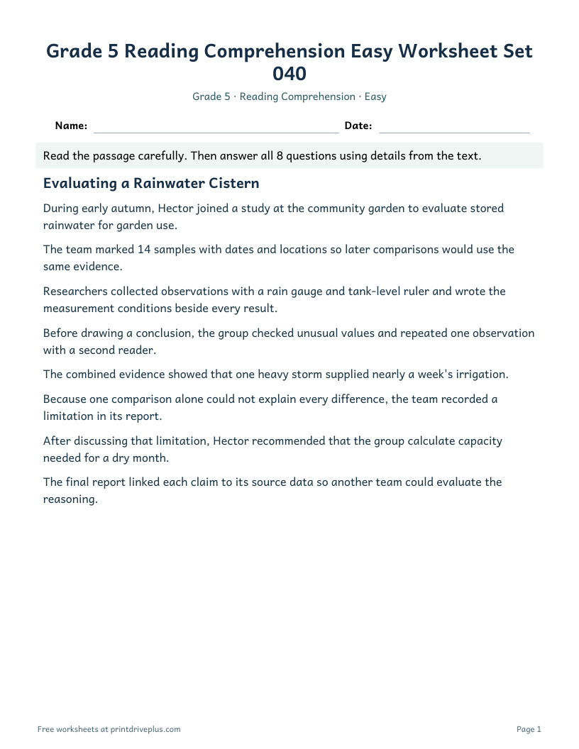 Preview of Grade 5 Reading Comprehension Easy Worksheet Set 040