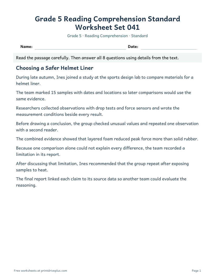 Preview of Grade 5 Reading Comprehension Standard Worksheet Set 041