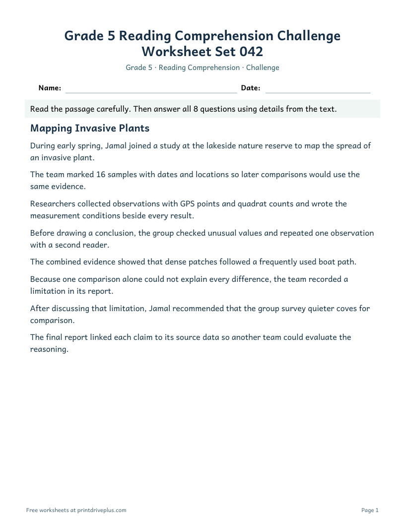Preview of Grade 5 Reading Comprehension Challenge Worksheet Set 042
