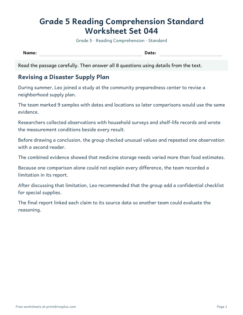 Preview of Grade 5 Reading Comprehension Standard Worksheet Set 044