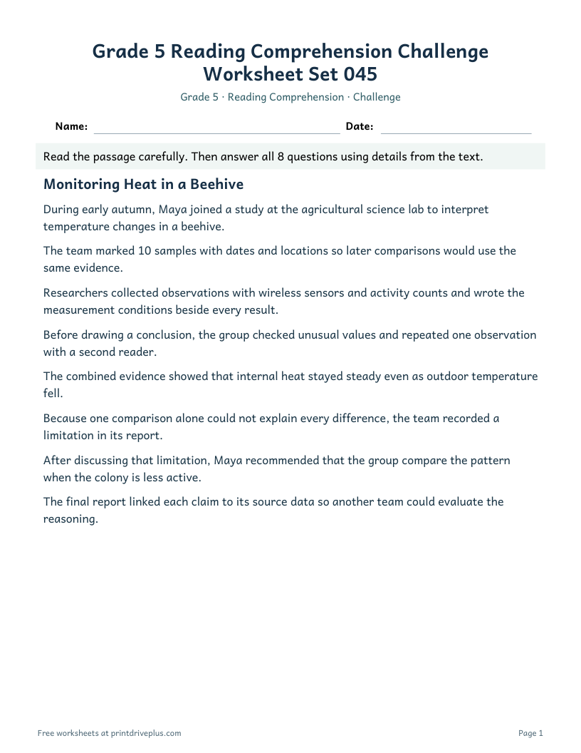 Preview of Grade 5 Reading Comprehension Challenge Worksheet Set 045