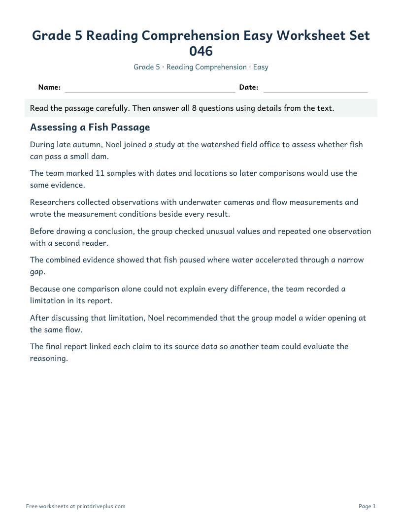 Preview of Grade 5 Reading Comprehension Easy Worksheet Set 046