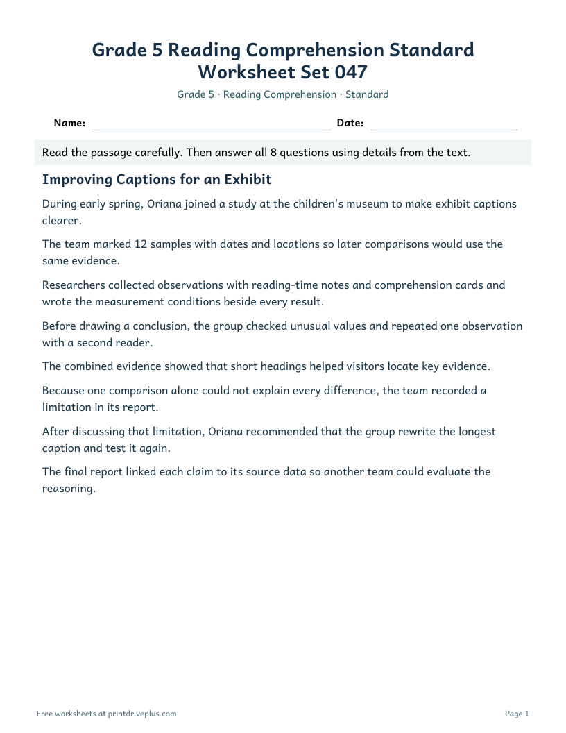 Preview of Grade 5 Reading Comprehension Standard Worksheet Set 047
