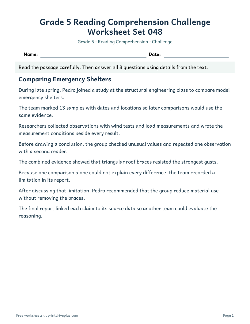 Preview of Grade 5 Reading Comprehension Challenge Worksheet Set 048