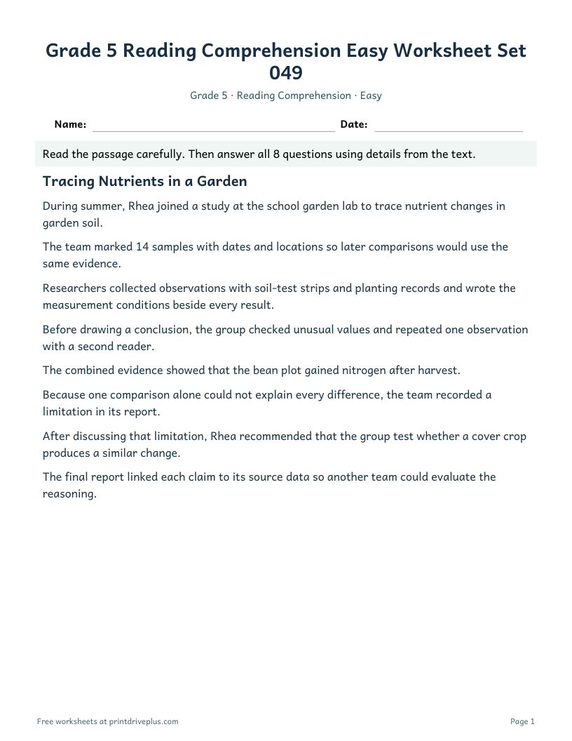 Preview of Grade 5 Reading Comprehension Easy Worksheet Set 049