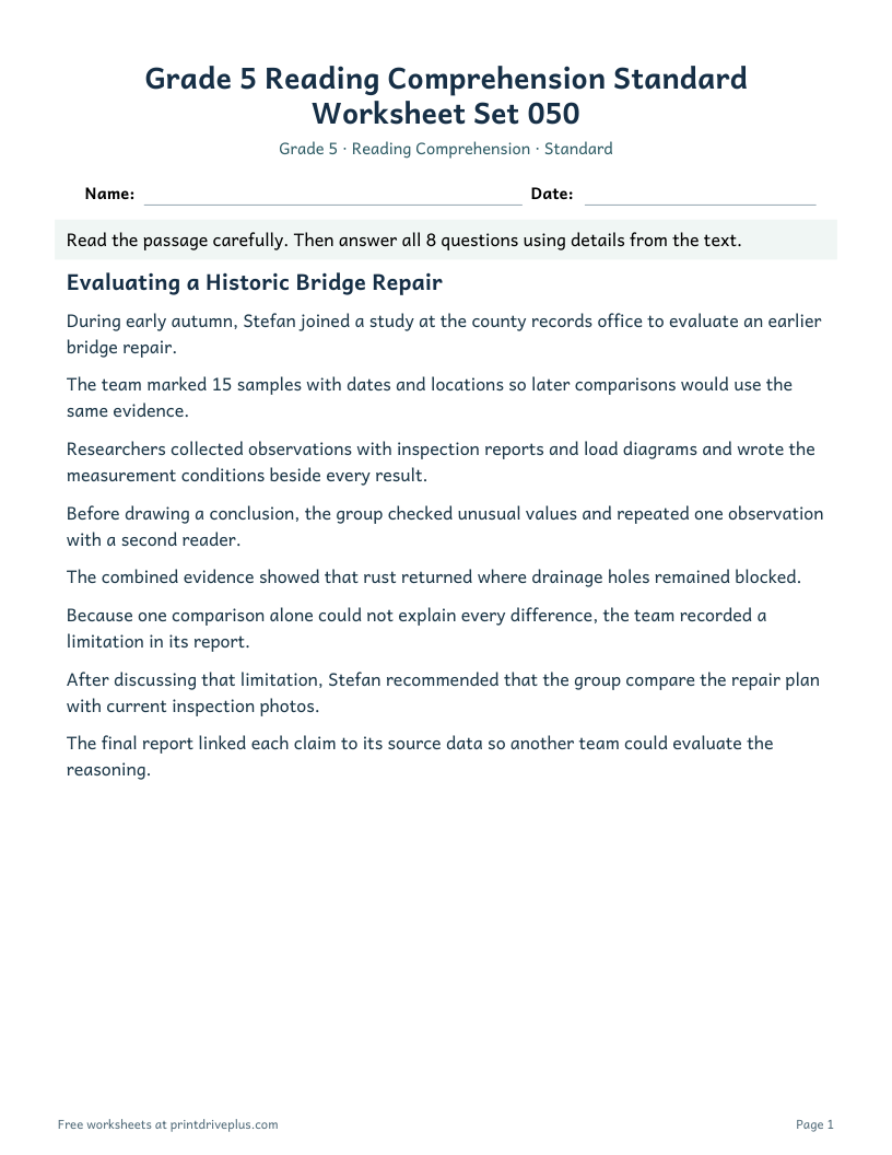Preview of Grade 5 Reading Comprehension Standard Worksheet Set 050