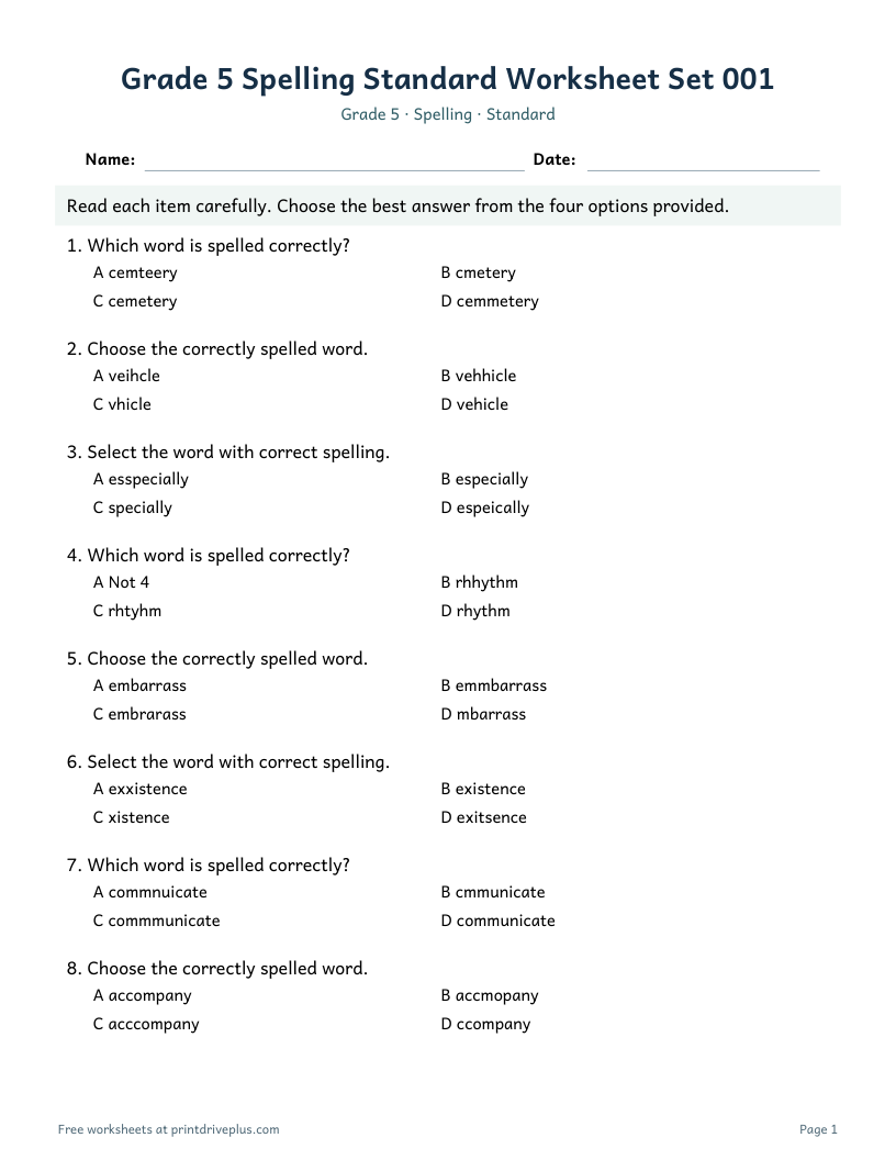 Preview of Grade 5 Spelling Standard Worksheet Set 001