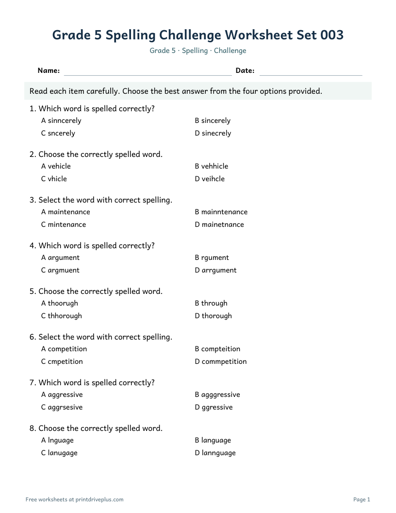 Preview of Grade 5 Spelling Challenge Worksheet Set 003