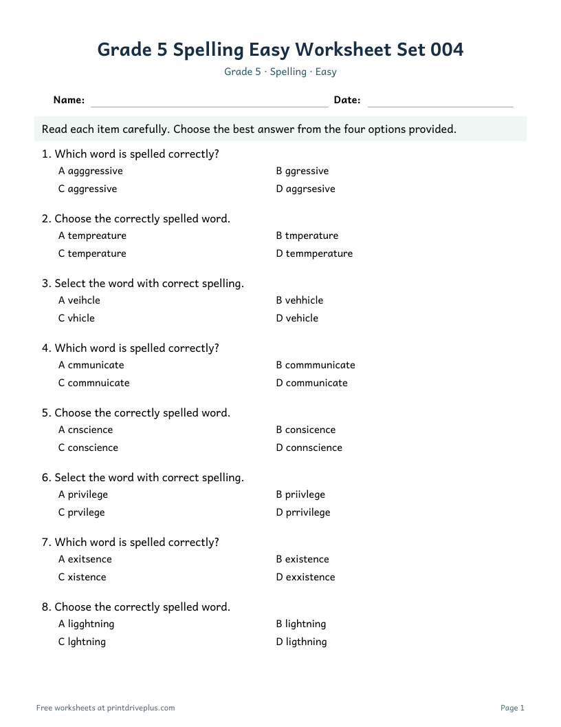 Preview of Grade 5 Spelling Easy Worksheet Set 004