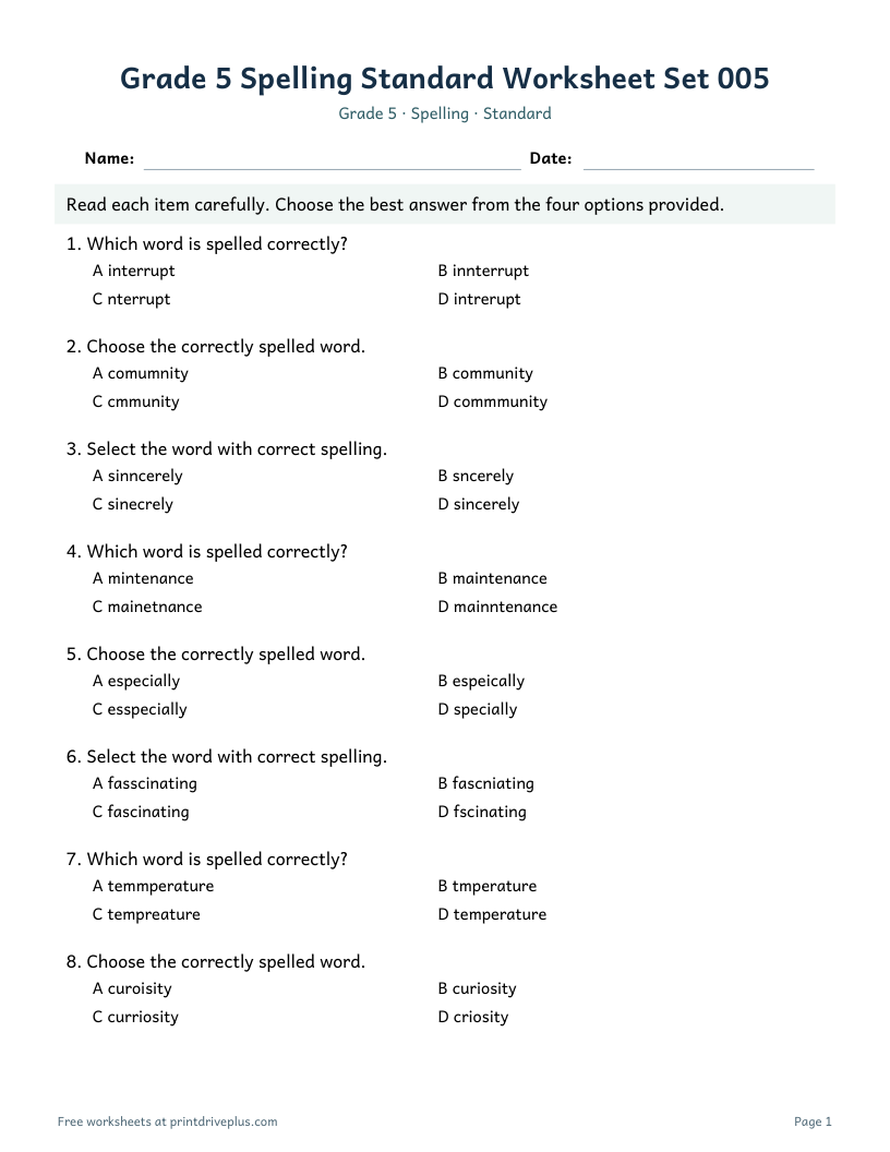 Preview of Grade 5 Spelling Standard Worksheet Set 005