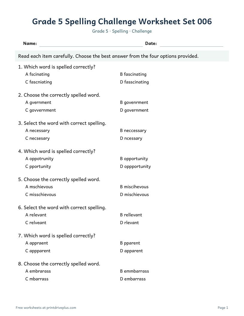 Preview of Grade 5 Spelling Challenge Worksheet Set 006