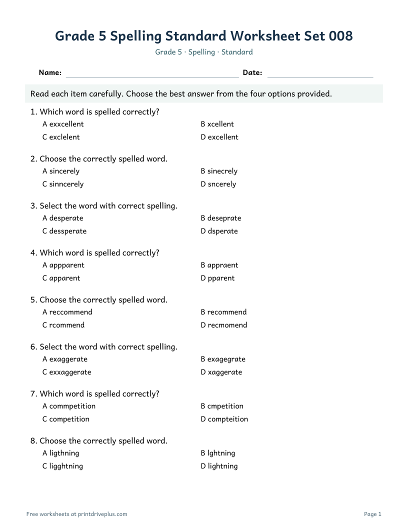 Preview of Grade 5 Spelling Standard Worksheet Set 008