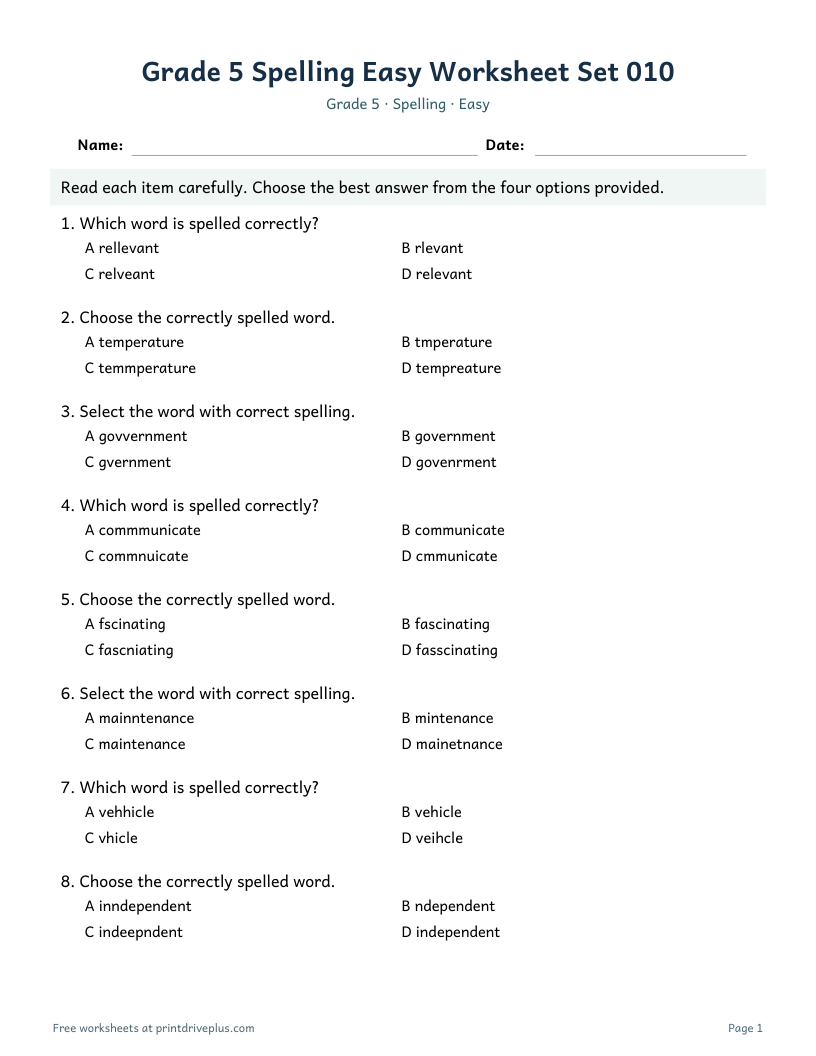 Preview of Grade 5 Spelling Easy Worksheet Set 010