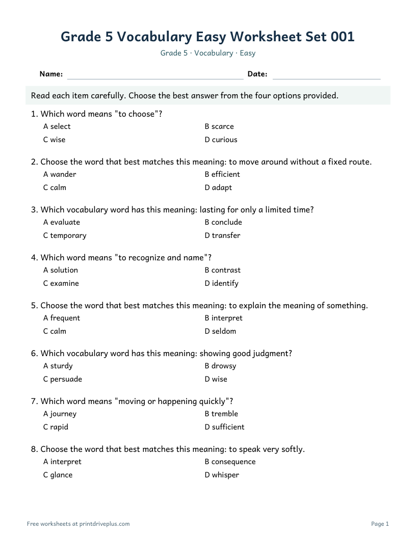Preview of Grade 5 Vocabulary Easy Worksheet Set 001