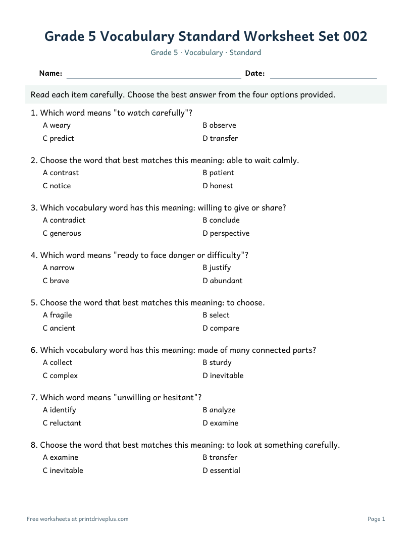 Preview of Grade 5 Vocabulary Standard Worksheet Set 002