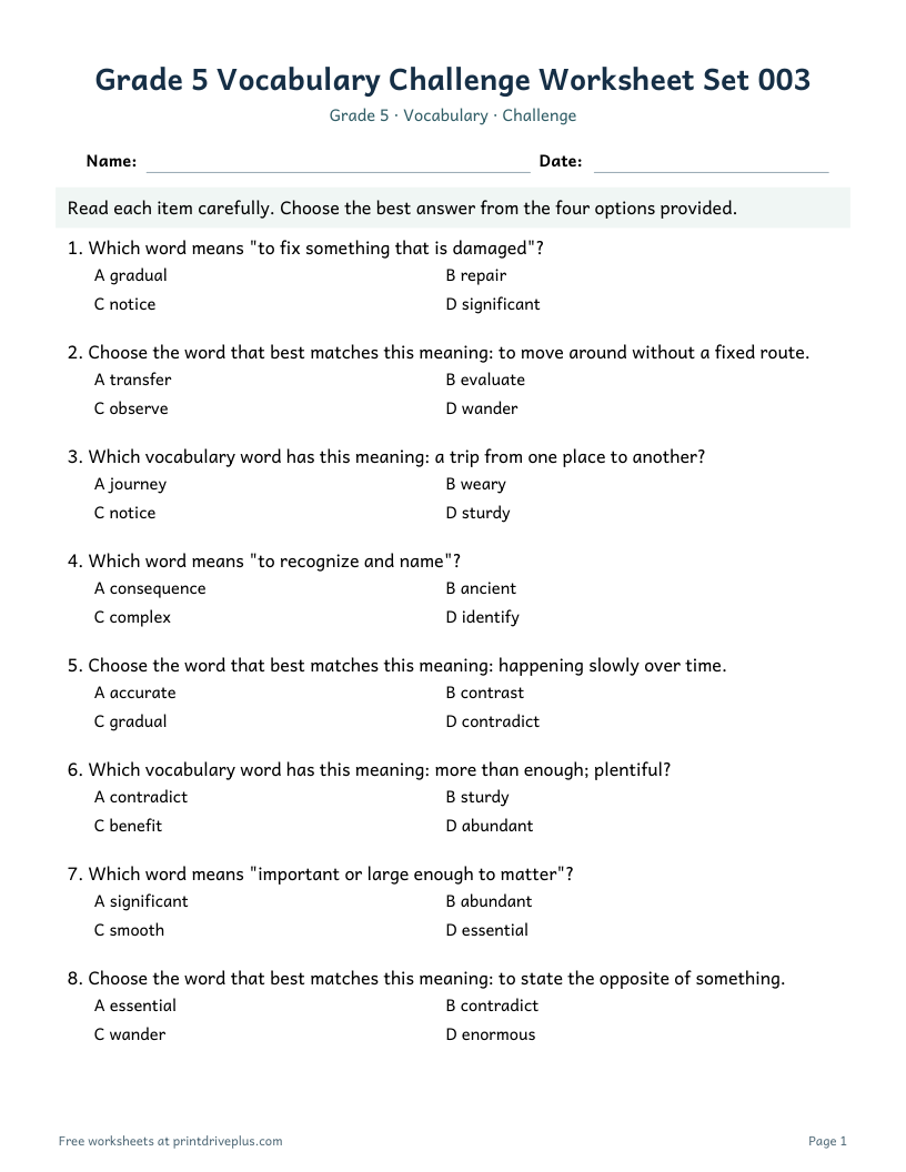 Preview of Grade 5 Vocabulary Challenge Worksheet Set 003