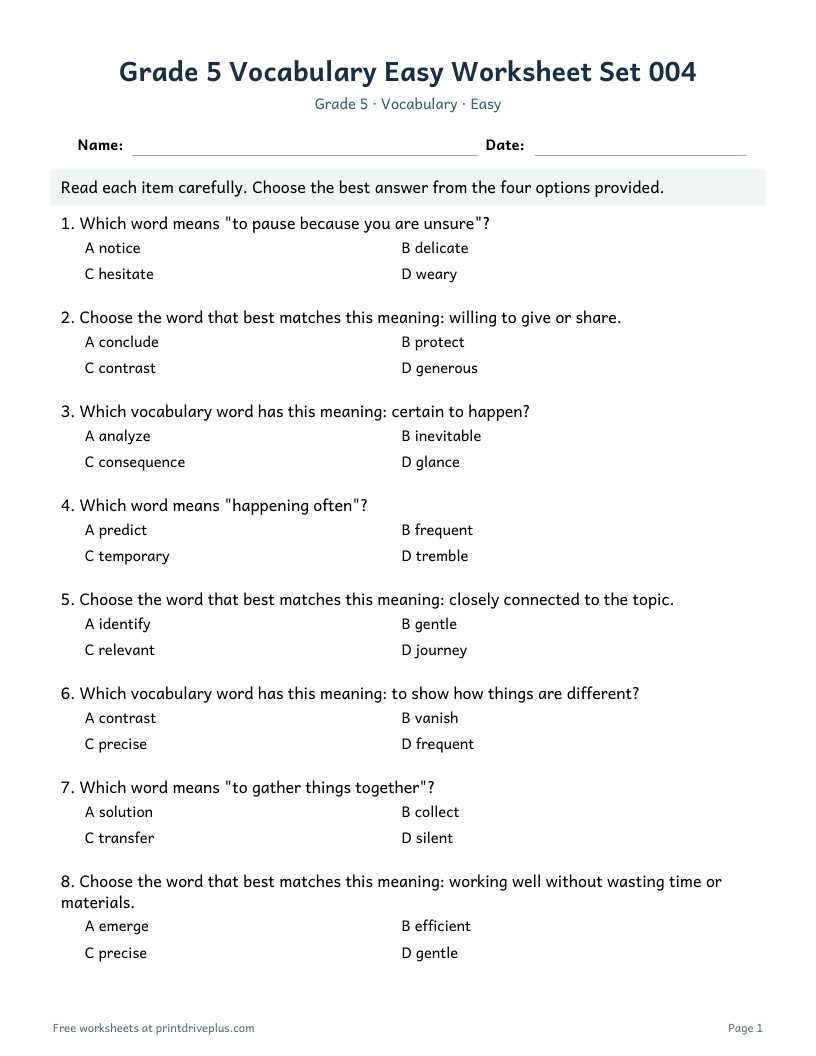Preview of Grade 5 Vocabulary Easy Worksheet Set 004