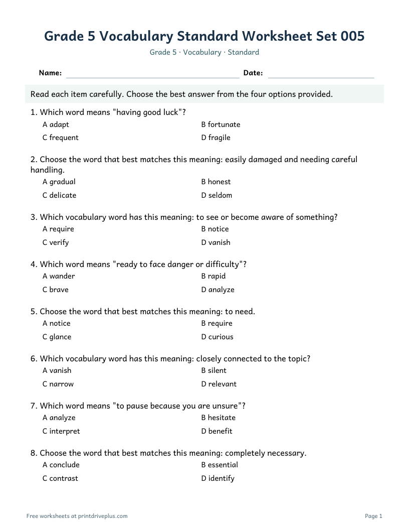 Preview of Grade 5 Vocabulary Standard Worksheet Set 005
