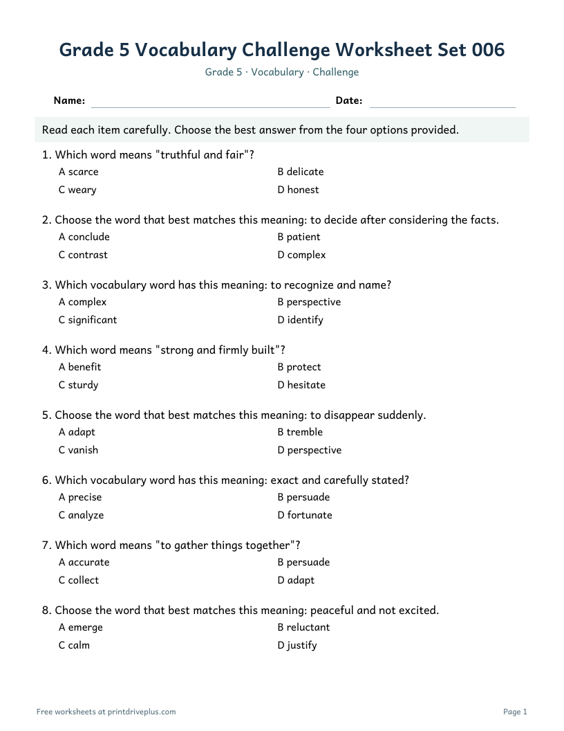 Preview of Grade 5 Vocabulary Challenge Worksheet Set 006