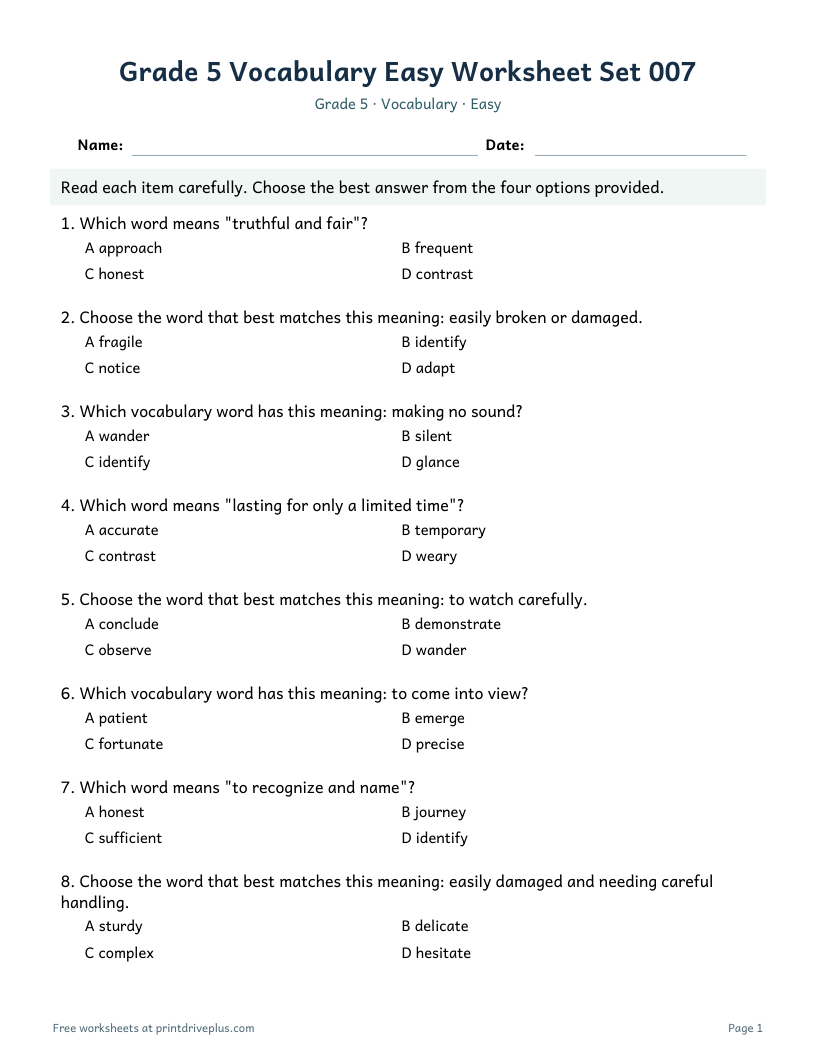 Preview of Grade 5 Vocabulary Easy Worksheet Set 007