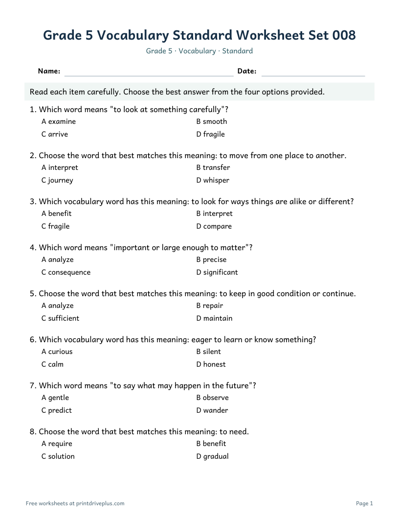Preview of Grade 5 Vocabulary Standard Worksheet Set 008