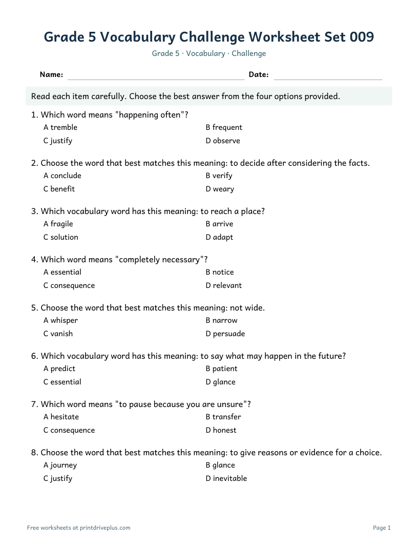 Preview of Grade 5 Vocabulary Challenge Worksheet Set 009
