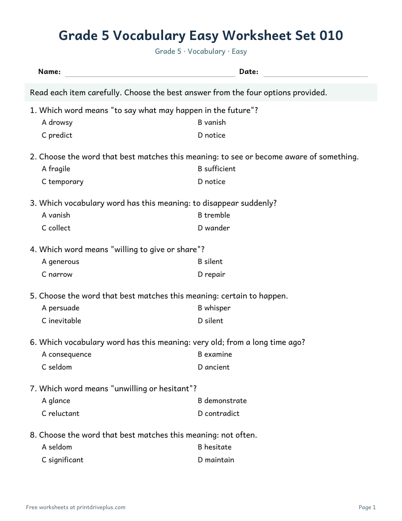 Preview of Grade 5 Vocabulary Easy Worksheet Set 010