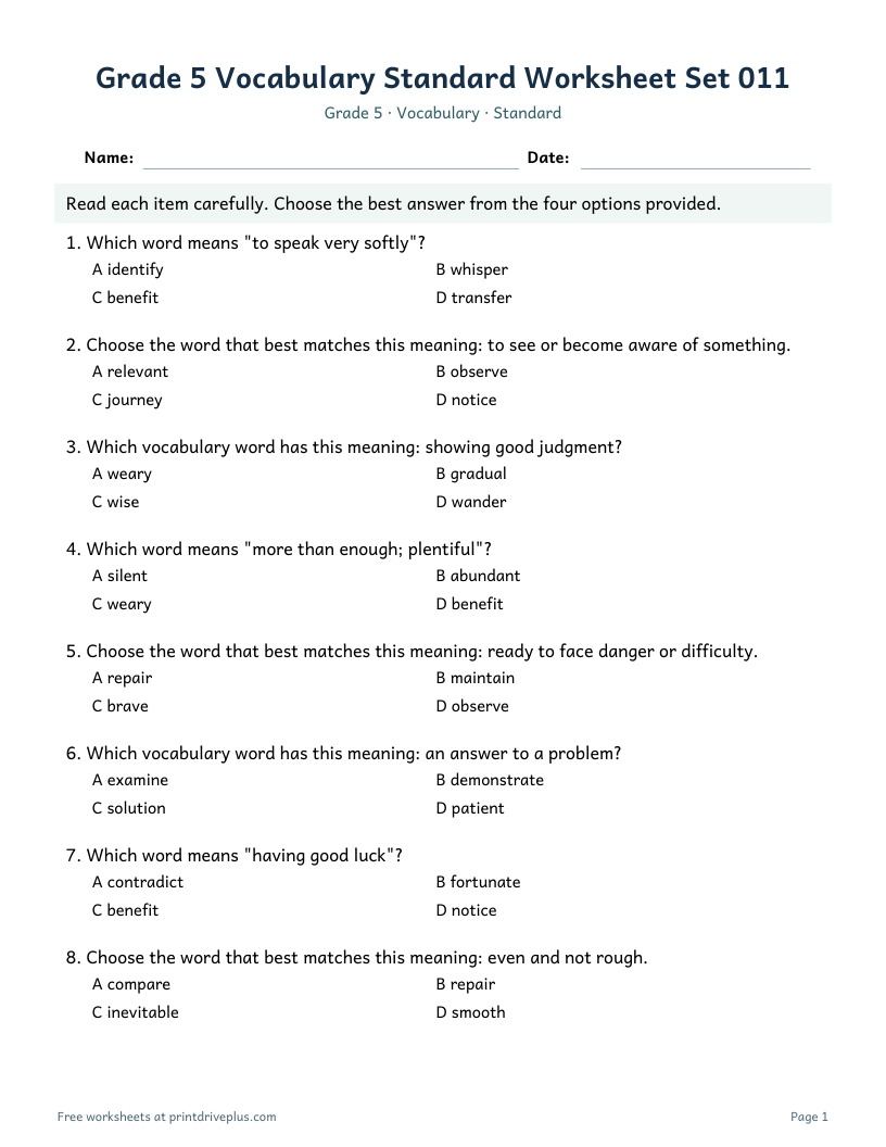 Preview of Grade 5 Vocabulary Standard Worksheet Set 011