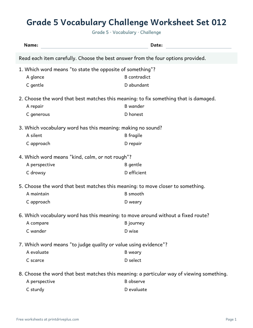Preview of Grade 5 Vocabulary Challenge Worksheet Set 012
