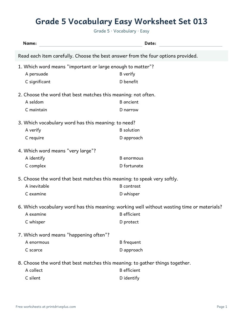 Preview of Grade 5 Vocabulary Easy Worksheet Set 013
