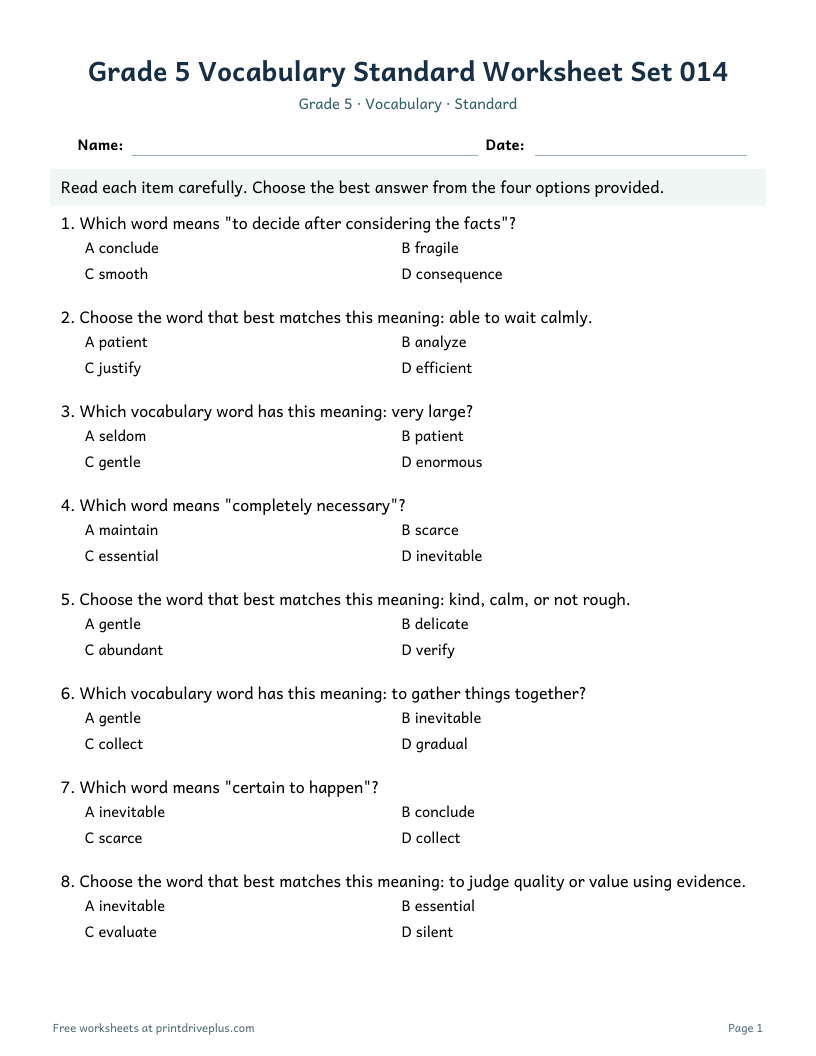 Preview of Grade 5 Vocabulary Standard Worksheet Set 014
