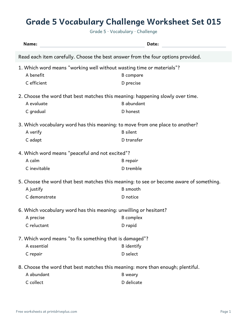 Preview of Grade 5 Vocabulary Challenge Worksheet Set 015