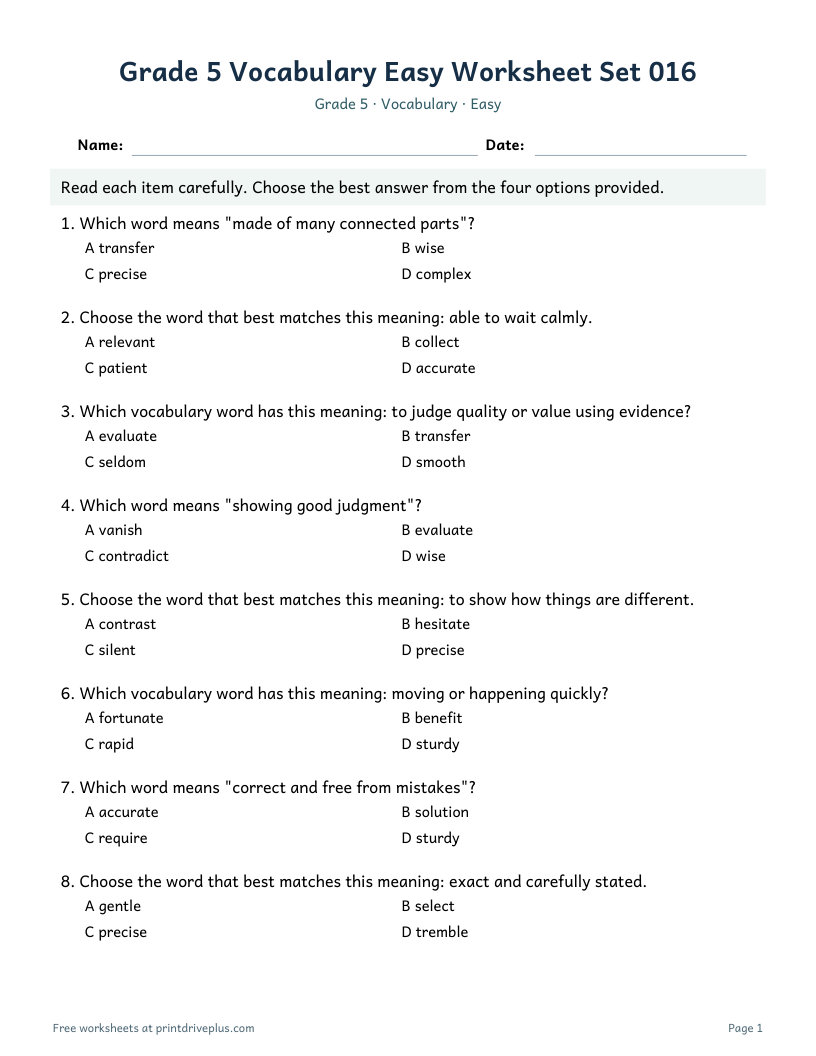 Preview of Grade 5 Vocabulary Easy Worksheet Set 016
