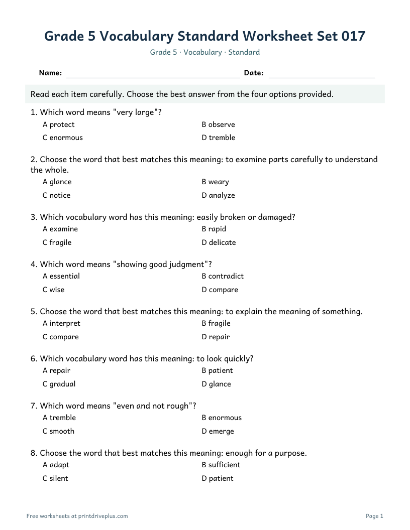 Preview of Grade 5 Vocabulary Standard Worksheet Set 017