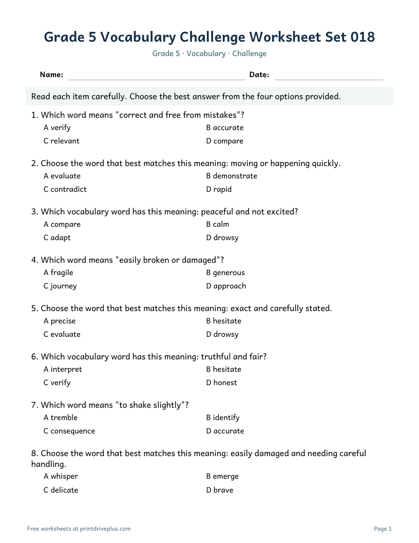 Preview of Grade 5 Vocabulary Challenge Worksheet Set 018