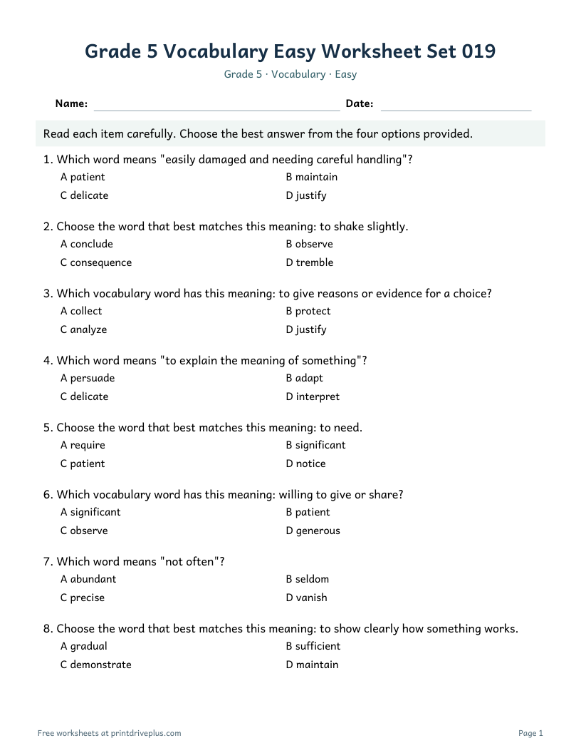 Preview of Grade 5 Vocabulary Easy Worksheet Set 019