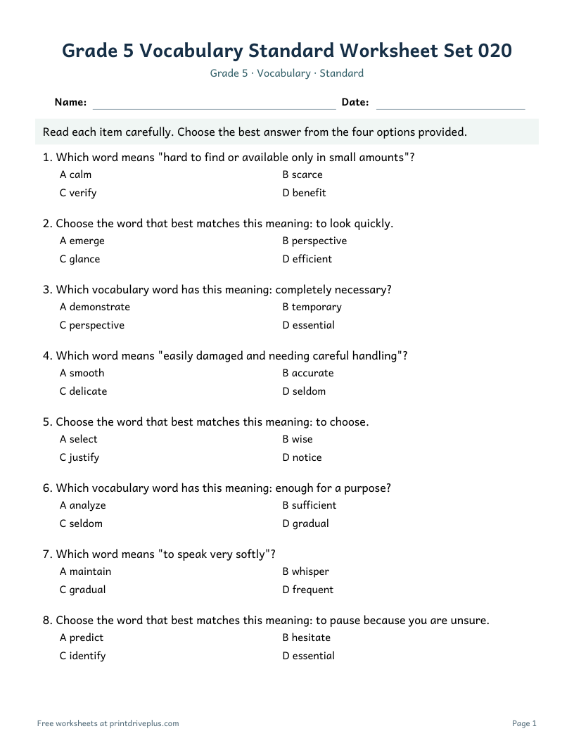 Preview of Grade 5 Vocabulary Standard Worksheet Set 020