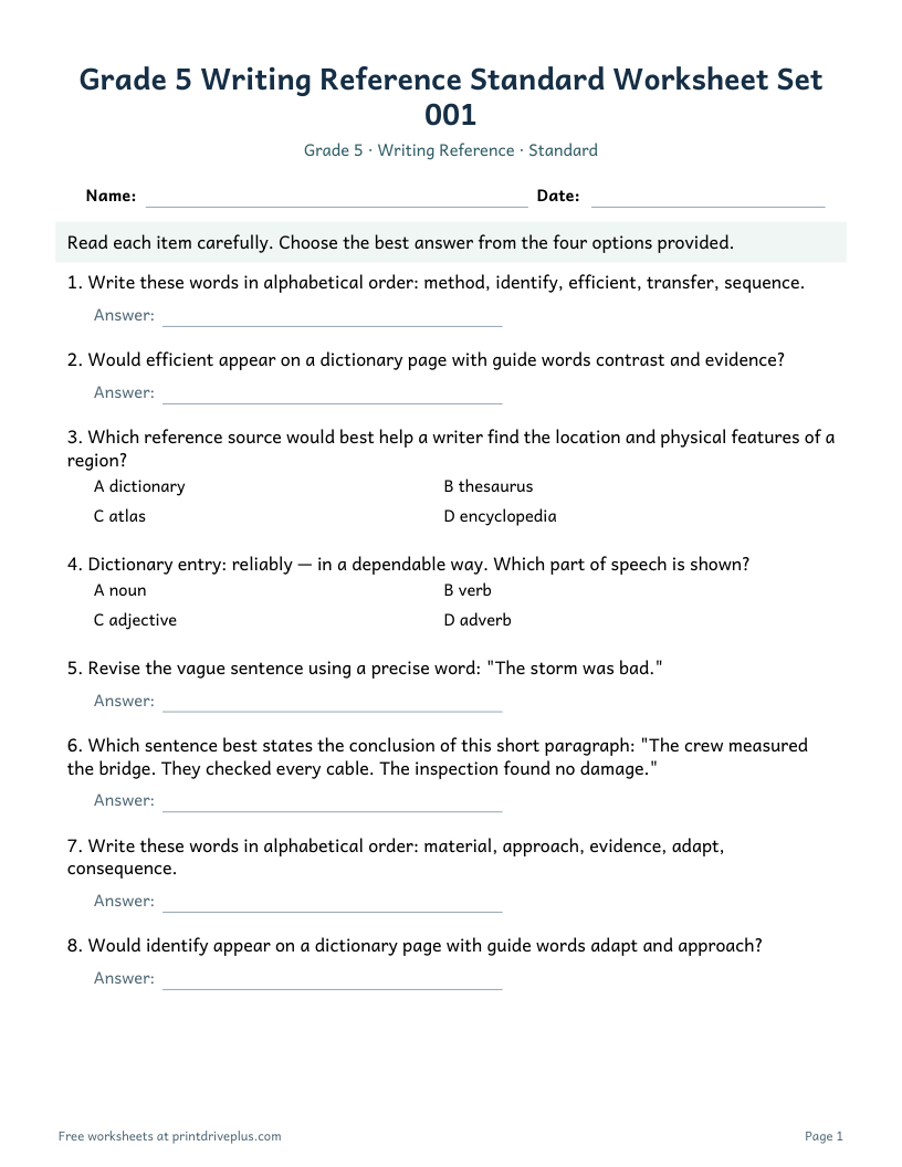 Preview of Grade 5 Writing Reference Standard Worksheet Set 001
