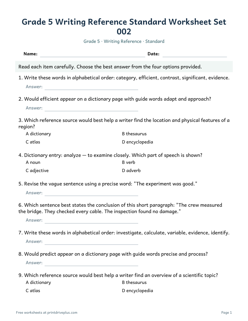 Preview of Grade 5 Writing Reference Standard Worksheet Set 002