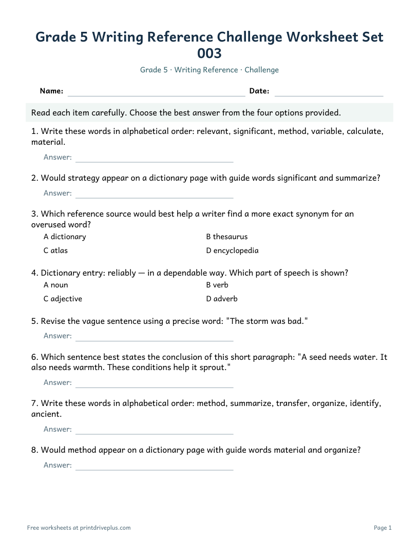 Preview of Grade 5 Writing Reference Challenge Worksheet Set 003