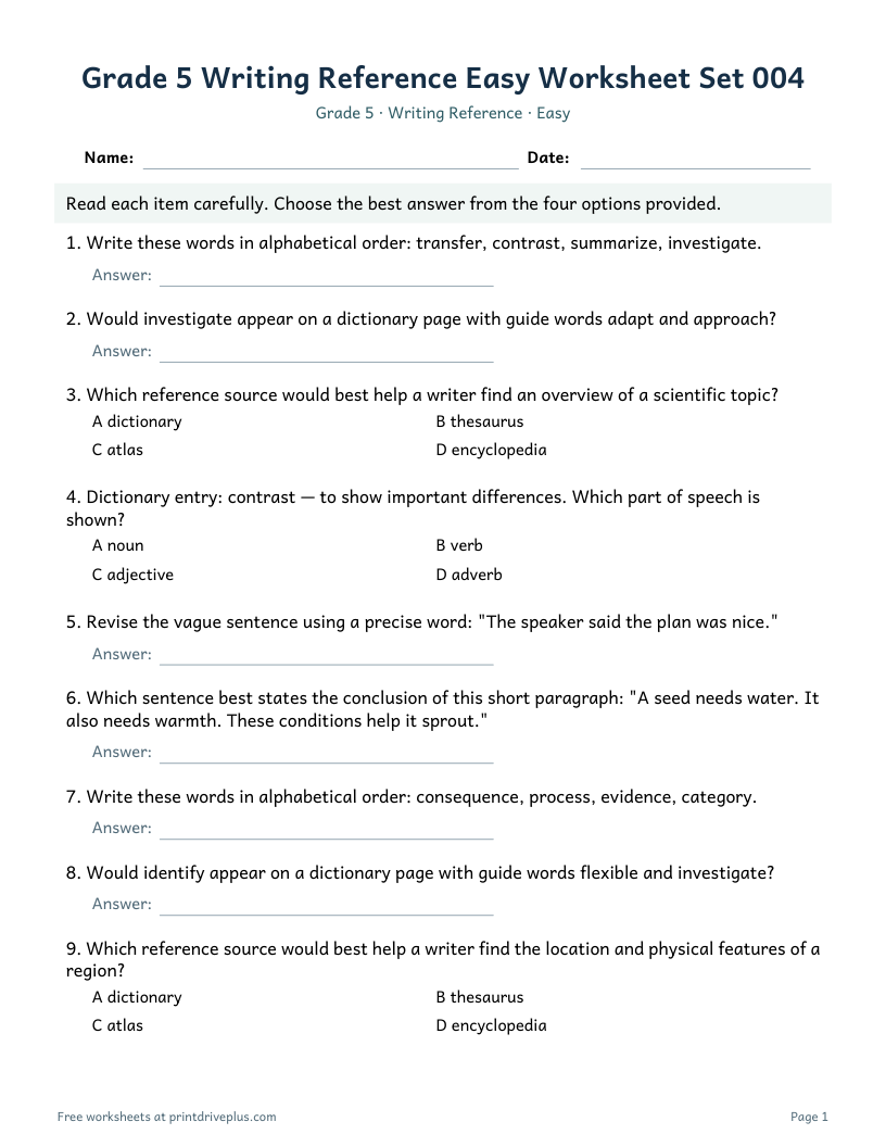 Preview of Grade 5 Writing Reference Easy Worksheet Set 004