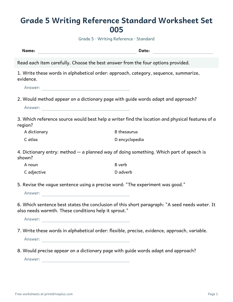 Preview of Grade 5 Writing Reference Standard Worksheet Set 005