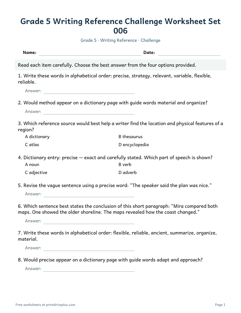 Preview of Grade 5 Writing Reference Challenge Worksheet Set 006