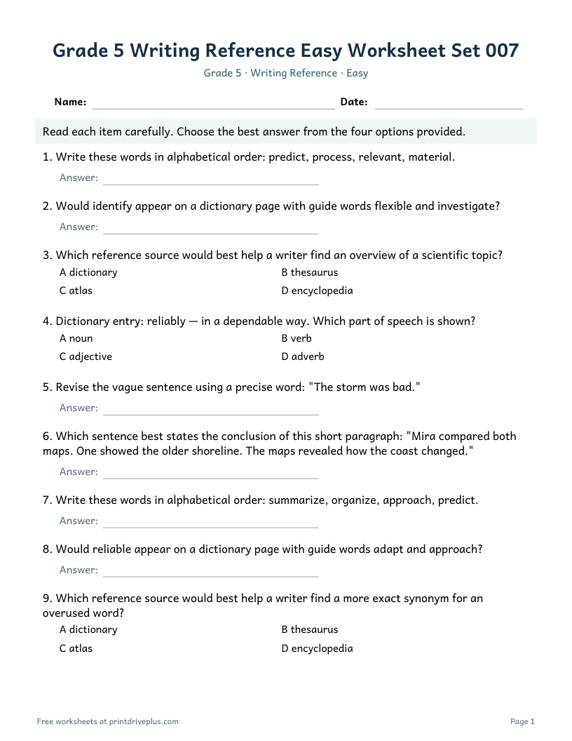 Preview of Grade 5 Writing Reference Easy Worksheet Set 007