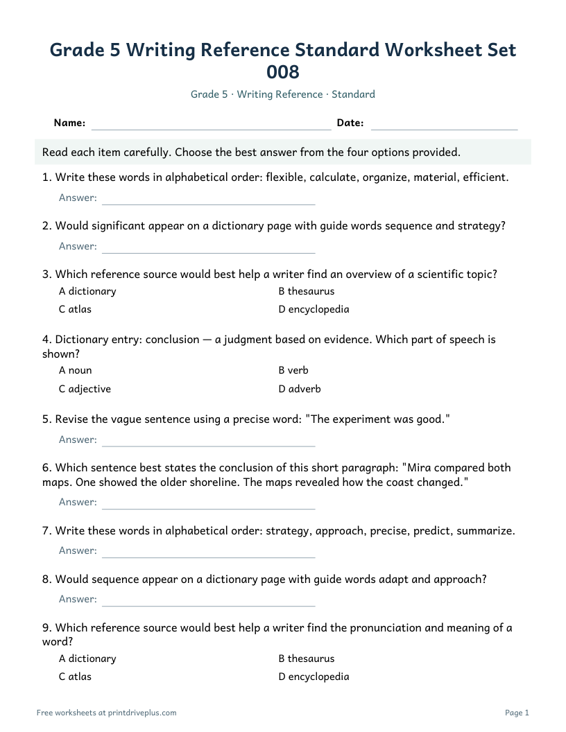 Preview of Grade 5 Writing Reference Standard Worksheet Set 008