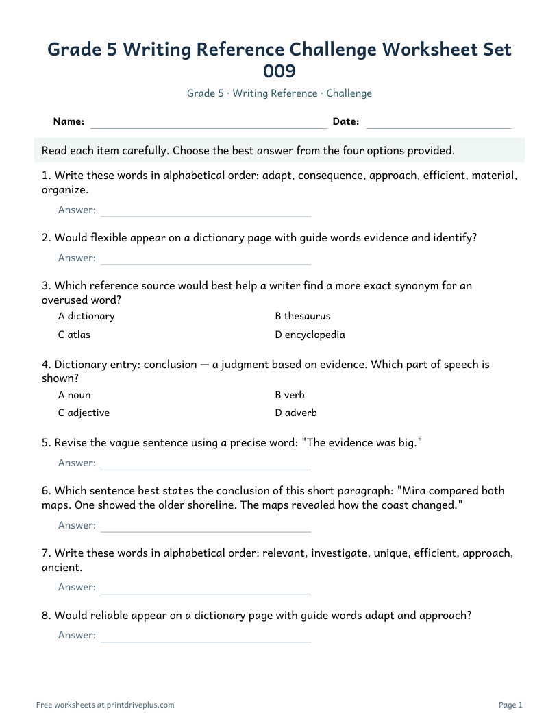 Preview of Grade 5 Writing Reference Challenge Worksheet Set 009